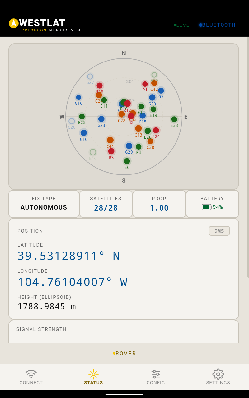 WestLat Connect live status screen with satellite skyplot, fix type, and position