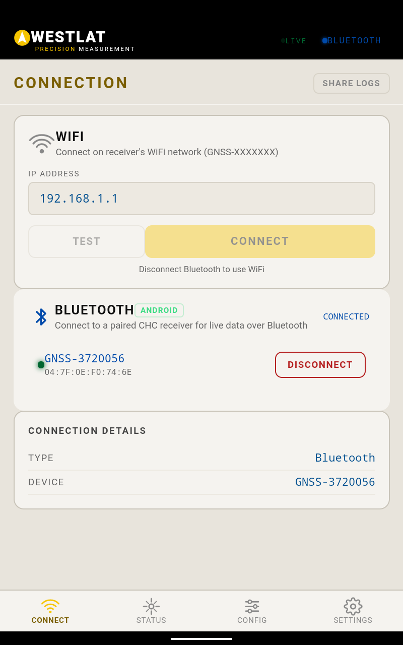 Connect tab: pair a GNSS receiver over Bluetooth or WiFi