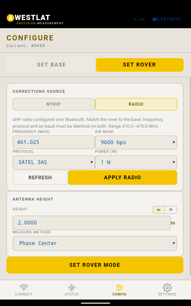 Config tab: set base or rover, corrections source, antenna height