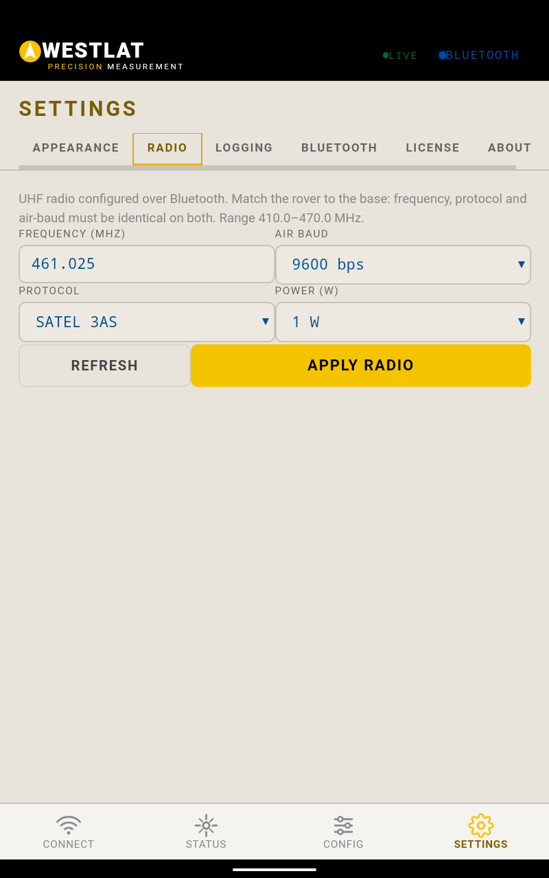 Settings tab: UHF radio frequency, protocol, air baud, and power