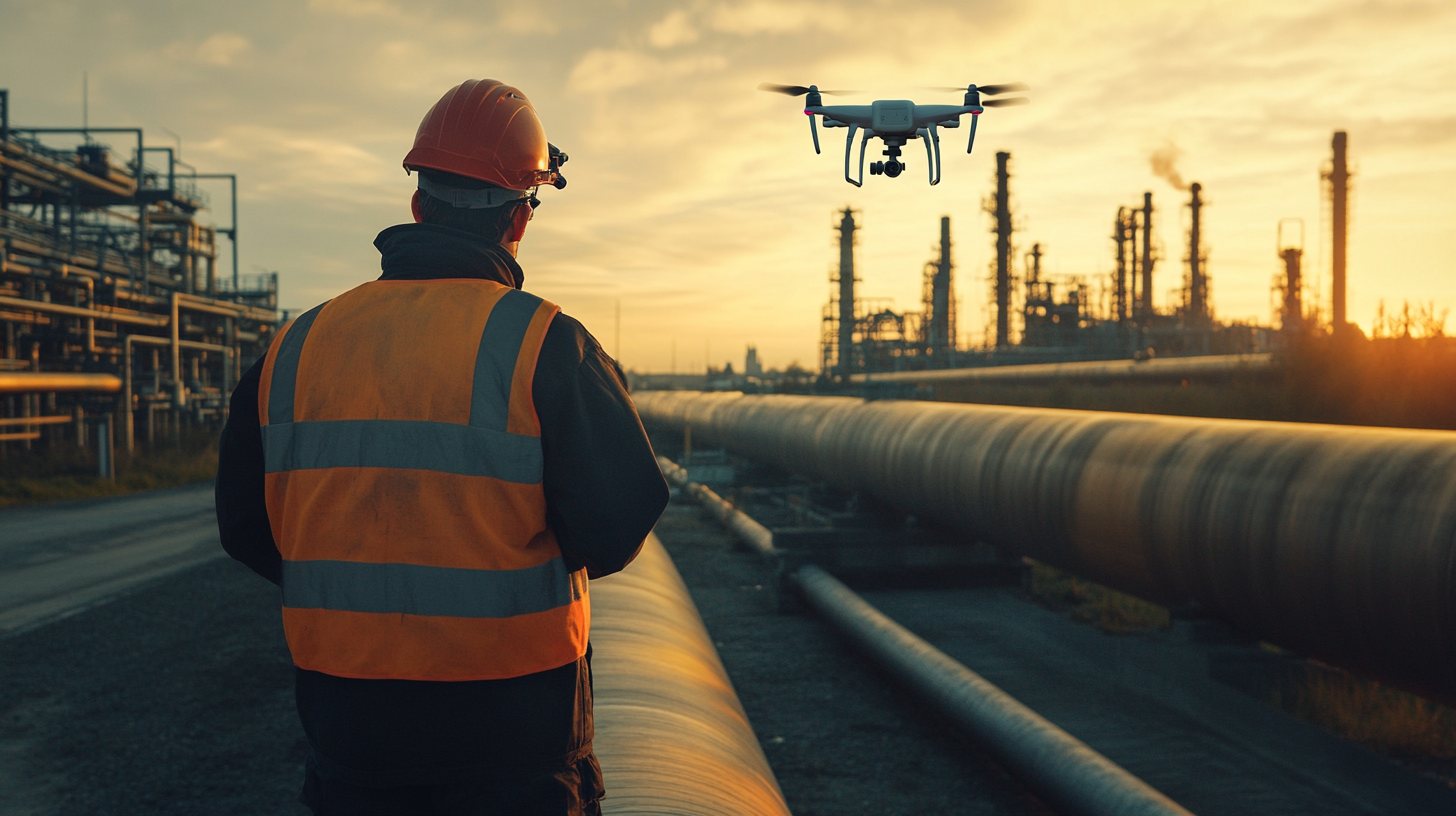Surveyor running RTK corrections near a refinery pipeline